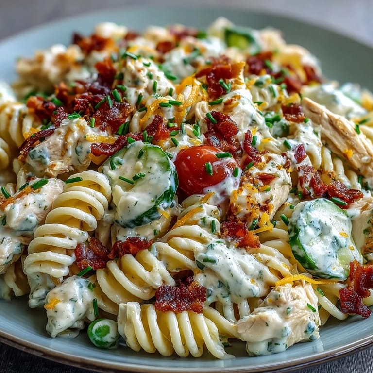 A vibrant Chicken Bacon Ranch Pasta Salad bowl, loaded with fresh veggies and cheese.