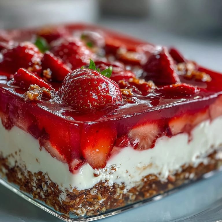 Vibrant Strawberry Pretzel Jello Salad showcasing creamy, fruity, and crunchy textures.