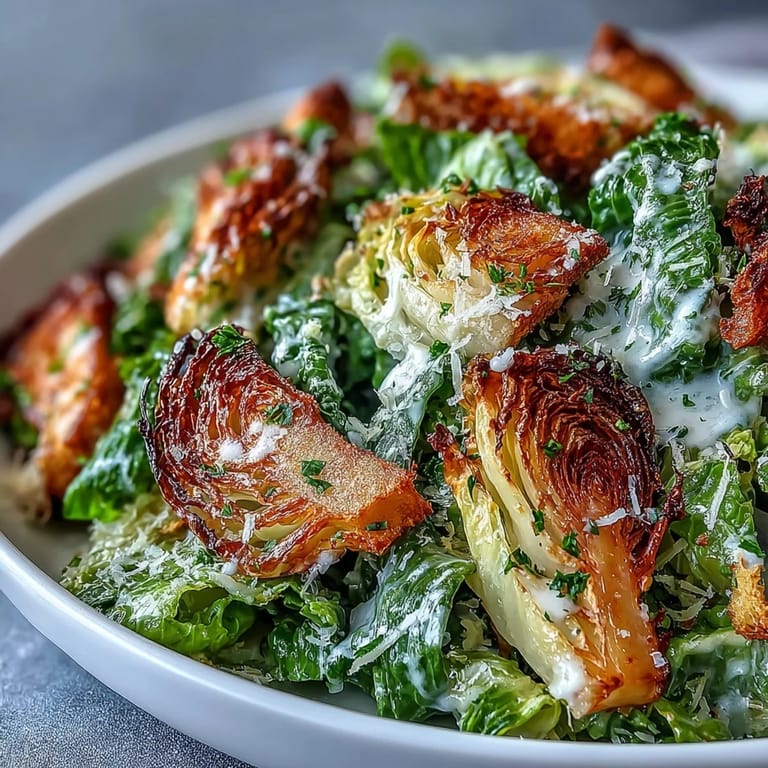 A vibrant Crispy Cabbage Caesar Salad featuring golden roasted cabbage and crunchy croutons.