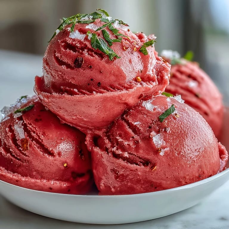 Refreshing Watermelon Tajín Sorbet, perfectly chilled with a sweet, tangy, and salty finish.