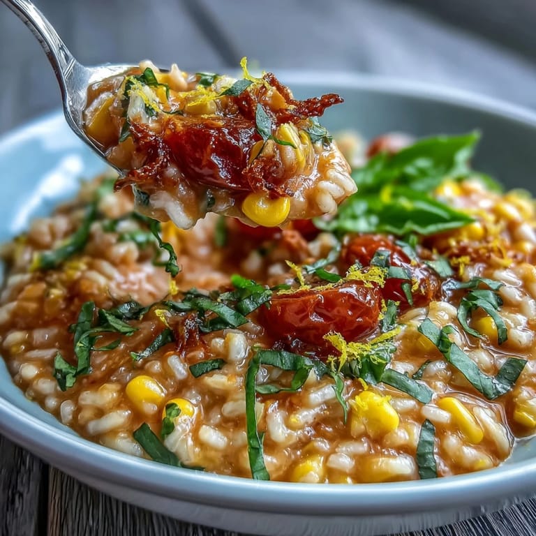 Golden Summer Tomato Corn Risotto, a hearty Italian comfort dish, ready to serve.