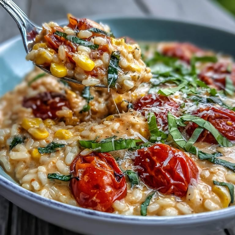 Bright Summer Tomato Corn Risotto, a delightful, creamy vegetarian main course.