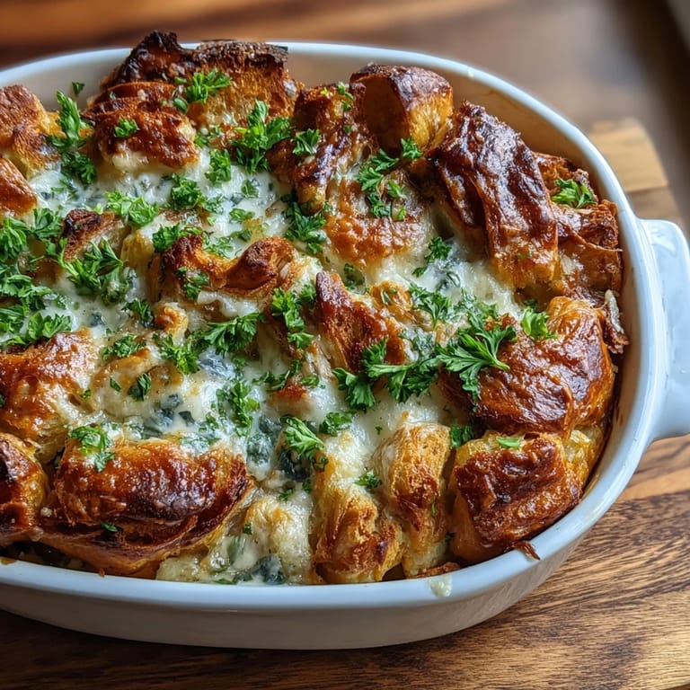 Delicious Chicken Caesar Croissant Bake, a savory casserole topped with golden Parmesan.