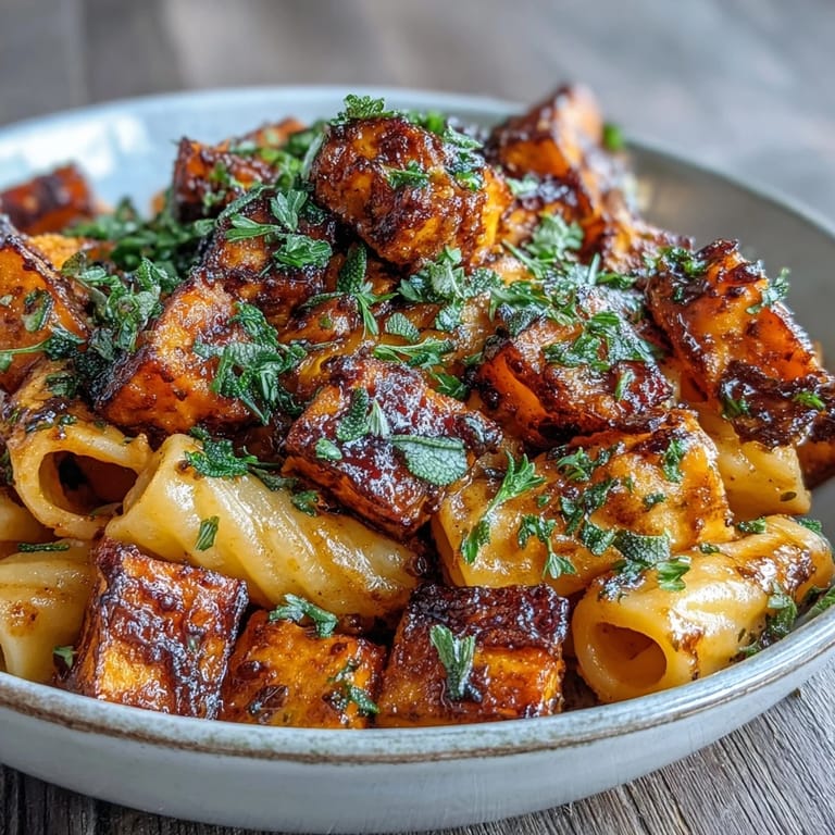 Cozy autumn Maple Brown Butter Sweet Potato Pasta featuring roasted sweet potatoes.