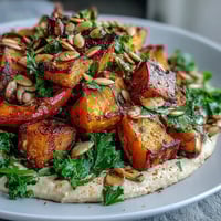 Golden roasted butternut squash and sweet potatoes rest on creamy butter bean hummus in this vibrant Roast Squash and Hummus Winter Salad.