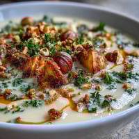 Velvety celeriac soup with hazelnut crumble, topped with golden roasted root vegetables and fresh parsley.
