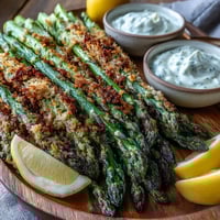 Golden Crispy Asparagus Asiago Spears with lemon wedges and parsley garnish, ready to serve.