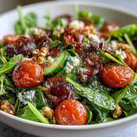 Vibrant spring greens salad with honey mustard dressing, cherry tomatoes, cucumber, and crunchy toasted walnuts.  