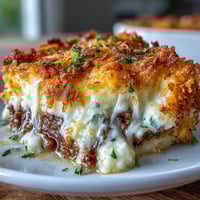 A comforting casserole with creamy funeral potatoes layered over savory shepherds pie filling and topped with crunchy cornflakes.