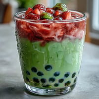 Strawberry Matcha Boba-Inspired Drink with chewy tapioca pearls and creamy layers in a glass, garnished with fresh strawberries.  