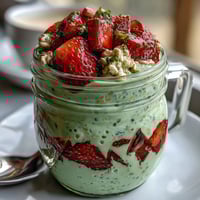 Strawberry Matcha Latte Overnight Oats in mason jars with vibrant green matcha and red strawberry layers, perfect for a healthy breakfast.