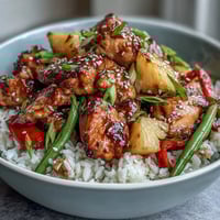 A vibrant rice bowl with tender chicken glazed in teriyaki sauce, juicy pineapple chunks, and crisp vegetables, perfect for a tropical-inspired dinner.