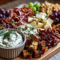 A vibrant housewarming charcuterie board with cured meats, cheeses, and fresh fruits, served with creamy homemade dips.  