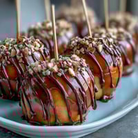 Caramel apple slices with chocolate drizzle, perfect for parties and holidays, arranged on a rustic wooden board.