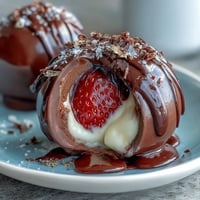 Luxurious Dubai chocolate strawberry bombs filled with silky cream, featuring fresh strawberries and rich dark chocolate for an indulgent dessert.