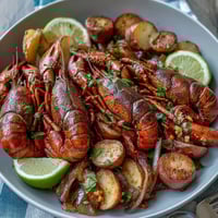 A colorful sheet pan of crawfish, sausage, and vegetables roasted with Cajun spices and fresh lemon slices.