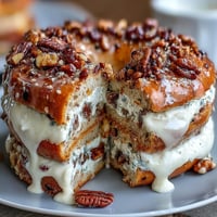 Warm cinnamon raisin bagels topped with a creamy Greek yogurt glaze, offering a high-protein breakfast or snack with a sweet, tangy finish.