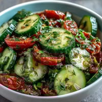 Fresh cucumber radish salad with dill vinaigrette, crisp and colorful with a tangy herb dressing.  