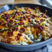 Amish breakfast casserole with hash browns, eggs, and sausage, golden and bubbling, perfect for a hearty family brunch.