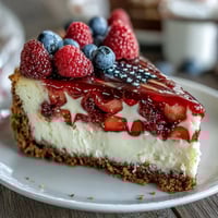Festive Fourth of July No-Bake Cheesecake Flag Cake with fresh berries in red, white, and blue stripes, perfect for summer celebrations.
