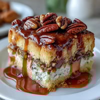 Kentucky Derby Pecan Pie Bars with Bourbon Glaze on a white plate, golden crust with gooey pecan filling and drizzled bourbon glaze, perfect for Derby Day dessert.