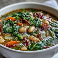 A steaming bowl of Tuscan White Bean and Spinach Soup, rich with creamy beans and fresh greens in a savory broth.