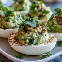 Creamy guacamole-stuffed deviled eggs with fresh avocado, lime, and cilantro for a zesty appetizer.  
