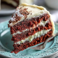 Decadent Juneteenth Red Velvet Cake topped with swirls of smooth cream cheese frosting.