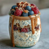 Creamy, high fiber overnight oats with chia, flax, and ruby red berries.