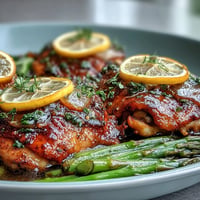 Golden lemon herb chicken with vibrant roasted asparagus on one pan.