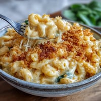 Golden baked Tini's Viral Mac and Cheese bubbling with creamy cheese sauce.