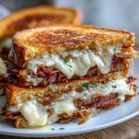 Golden brown Reuben grilled cheese overflowing with corned beef and gooey melted Swiss.