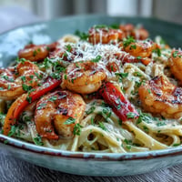 A close-up of creamy Cajun shrimp pasta, glistening with rich sauce and fresh parsley.