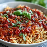 Spicy Arrabbiata Orzo with fresh basil and grated cheese, a quick vegetarian delight.