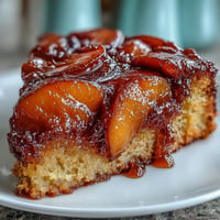 Warm Brown Sugar Peach Upside-Down Cake with caramelized peaches and moist cake.