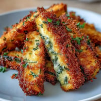 Golden, crispy Parmesan zucchini fries served with dipping sauce, perfectly baked.
