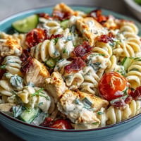 Creamy Chicken Bacon Ranch Pasta Salad loaded with crispy bacon and fresh veggies.