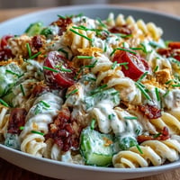 Creamy Chicken Bacon Ranch Pasta Salad, a hearty cold dish with crispy bacon and tender chicken.