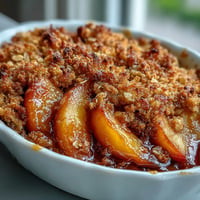 Golden Miso Caramel Peach Crisp with bubbling fruit and crisp oat topping.