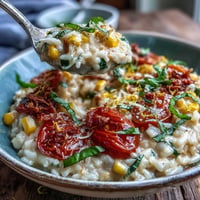Creamy Summer Tomato Corn Risotto bursting with vibrant colors and fresh flavors.